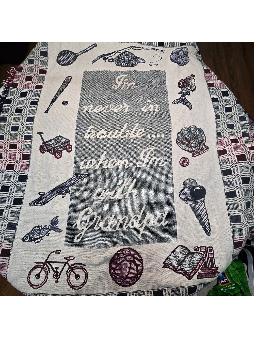 Vintage Grandpa Woven Throw Blanket Tapestry Fringe Never In Trouble 46" x 52"